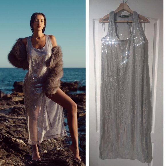 NEW! Zara | Sequin Racerback Maxi Dress In Silver - Picture 1 of 16